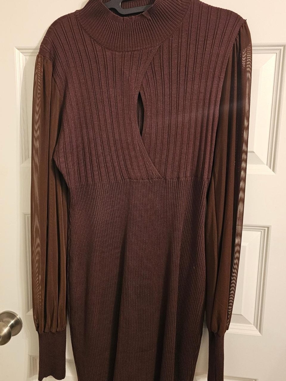 Almost Famous Brown Ribbed Knit Dress with Sheer Long Sleeves